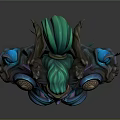 Fantasy Character Bust with Purple Skin Blue Markings Green Horns Pointed Ears and Shoulder Armor