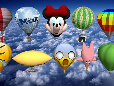 Amusement Park Rides With Colorful Hot Air Balloons And Cartoon Character Designs 3d model