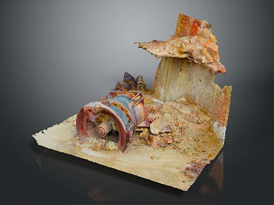 Old Damaged Mechanical Equipment Part With Rusty Surfaces And Rock Soil Surroundings 3d model
