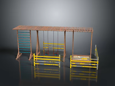 Outdoor Children's Playground Structure With Wooden Pergola Swings Climbing Ladder And Yellow Safety Railings 3d model