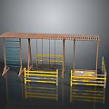 Outdoor Children's Playground Structure With Wooden Pergola Swings Climbing Ladder And Yellow Safety Railings