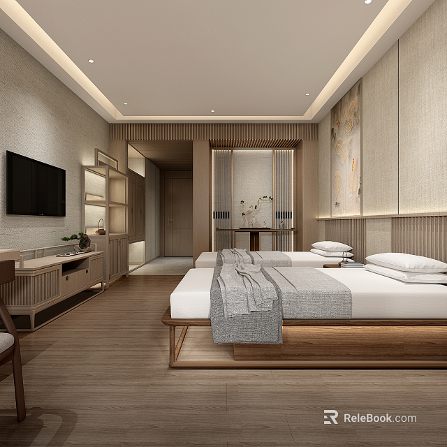 Modern Hotel Guest Room With Twin Beds Flat Screen TV Wooden Flooring And Decorative Painting 3d model 