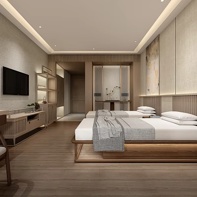 Modern Hotel Guest Room With Twin Beds Flat Screen TV Wooden Flooring And Decorative Painting 3d model