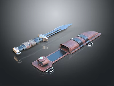Tactical Serrated Blade Knife With Leather Wrapped Handle And Brown Leather Sheath 3d model