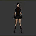 Woman Standing With Dark Hair In Black Top Short Pants Brown Boots On Neutral Background