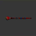 Unique Red Weapon With Blue Straps Metallic Components And Flared Front Structure