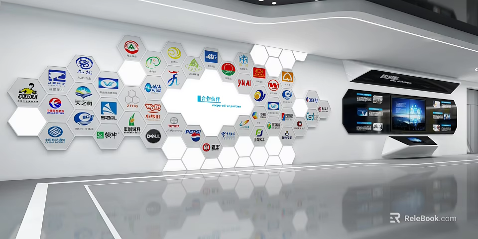 Modern Wall Display With Hexagon Shaped Brand Logos And Reflective Floor 3d model 