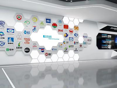 Modern Wall Display With Hexagon Shaped Brand Logos And Reflective Floor 3d model