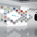 Modern Wall Display With Hexagon Shaped Brand Logos And Reflective Floor