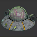 Vintage Flying Saucer Model With Transparent Dome Metal Surface Yellow Stripes And Side Engines