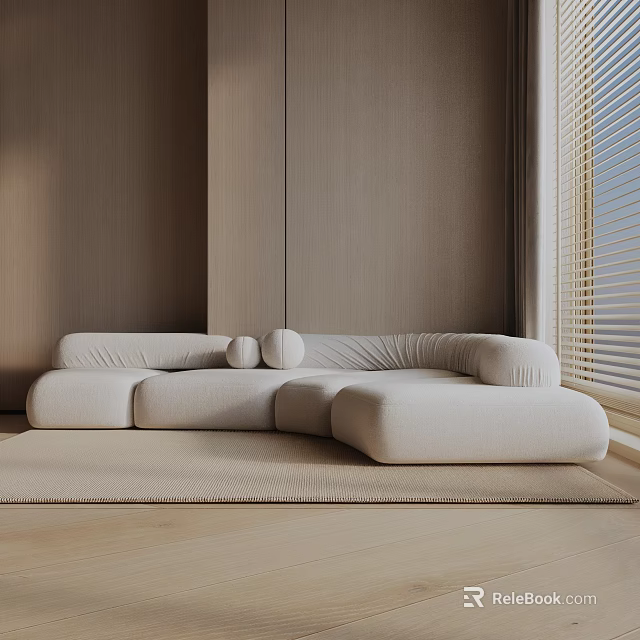 Light Beige Fabric Three-Seater Sofa In Modern Living Room With Wooden Wall And Window Blinds 3d model 