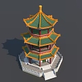 Traditional Ancient Chinese Tower With Yellow Roof Green Windows Red Pillars And White Base
