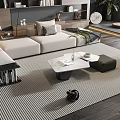 Modern Living Room Sofa Coffee Table Set With Striped Rug Bookshelf And Plants