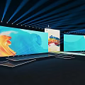 Modern Banquet Hall Stage With Blue Lighting And Large Colorful Screens
