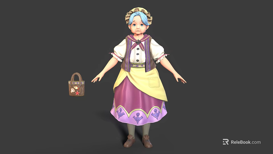 Anime Style Female Character With Blue Headscarf White Blouse Purple Skirt Yellow Apron And Brown Handbag 3d model 