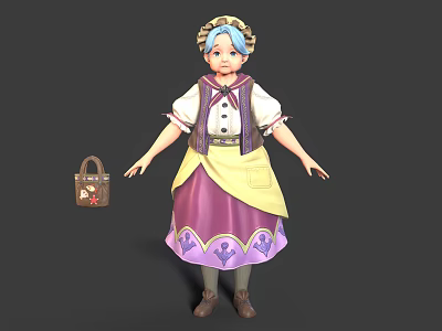 Anime Style Female Character With Blue Headscarf White Blouse Purple Skirt Yellow Apron And Brown Handbag 3d model