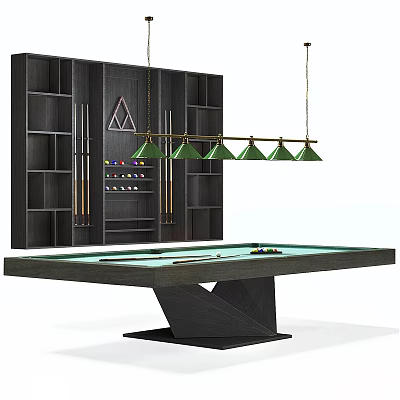 Modern Wooden Billiard Table With Pool Cues Balls Storage Cabinets And Hanging Lights 3d model