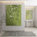 Botanical Paintings Green Background White Flowers In Modern Interior With Gray Rug And Vase