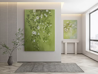 Botanical Paintings Green Background White Flowers In Modern Interior With Gray Rug And Vase 3d model