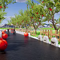 Scenic Pomegranate Picking Garden With Stone Path Stone Mill Decorations Red Lanterns And Mountain View