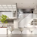 Modern Public Office Space With Open Layout White Desks Chairs Green Plant Staircase And Bookshelves