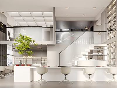 Modern Public Office Space With Open Layout White Desks Chairs Green Plant Staircase And Bookshelves 3d model