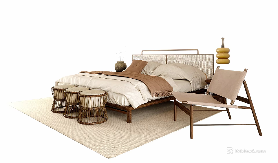 Natural Style Double Bed With Wicker Headboard Wooden Frame Bedspread And Side Chair 3d model 