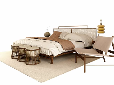 Natural Style Double Bed With Wicker Headboard Wooden Frame Bedspread And Side Chair 3d model
