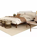 Natural Style Double Bed With Wicker Headboard Wooden Frame Bedspread And Side Chair