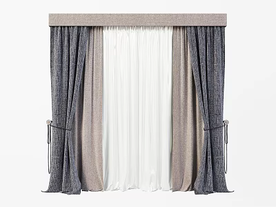 Modern Gray And White Curtain With Double Layer Sheer Linen Fabric Tie Back Design 3d model
