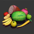 Fresh Assorted Food Items Including Ham Watermelon Pomegranate Apples Bananas Carrot on Dark Reflective Surface