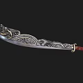 Traditional Decorative Long Sword with Intricate Engraved Patterns on Blade and Red Wrapped Handle Design