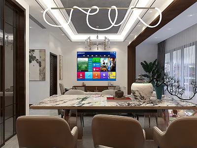 Modern Stylish Dining And Living Room Design With Marble Table Soft Chairs And Smart TV 3d model