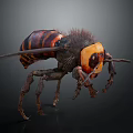 3D Rendering of Wasp with Yellow and Black Striped Body Long Legs and Compound Eyes
