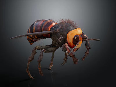 3D Rendering of Wasp with Yellow and Black Striped Body Long Legs and Compound Eyes 3d model