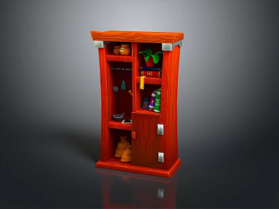 Red Wooden Cabinet With Multiple Shelves Holding Potted Plant Jars And Shoes 3d model