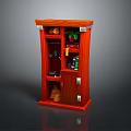 Red Wooden Cabinet With Multiple Shelves Holding Potted Plant Jars And Shoes