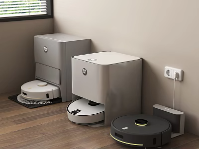 Smart Robotic Vacuums With Multiple Charging Docks On Home Wooden Floor 3d model