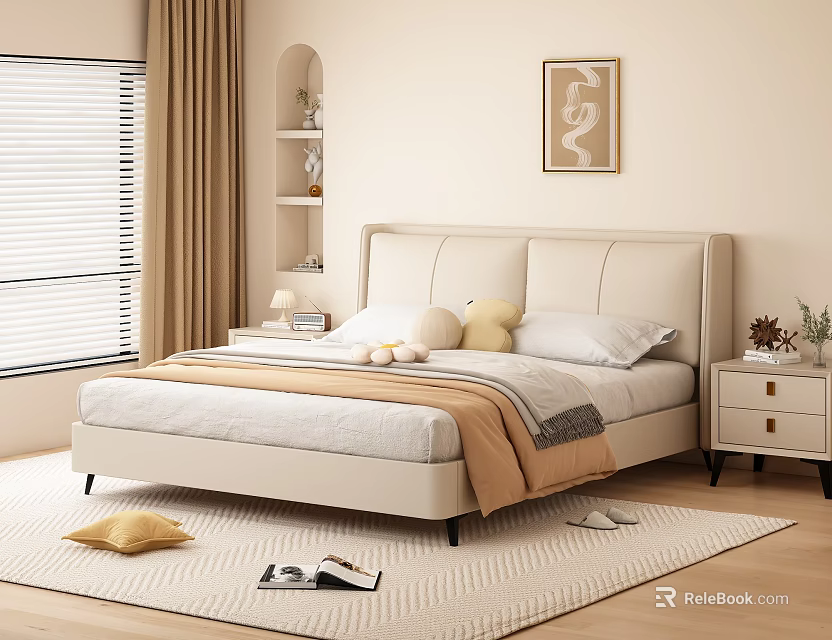 Modern Beige Upholstered Double Bed with Nightstands Lamps Pillows and Decorative Rug 3d model 