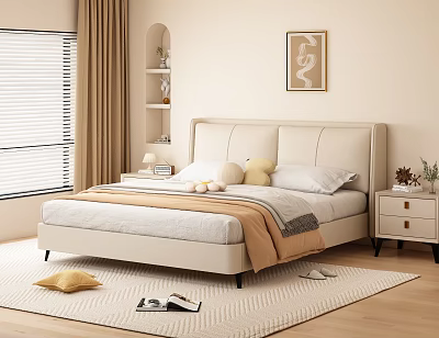 Modern Beige Upholstered Double Bed with Nightstands Lamps Pillows and Decorative Rug 3d model