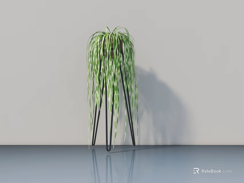 Potted Bonsai Plant With Long Trailing Green Leaves On Black Metal Stand Against Gray Wall 3d model 