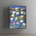 Vibrant Botanical Painting With White Yellow Pink Flowers And Green Stems On Colorful Background