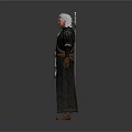 Silver Haired Man With Red Facial Markings Wearing Dark Long Coat Leather Belt And Weapons