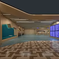 Airport Spacious Terminal Hall With Modern Blue Seating Information Screens And Geometric Flooring