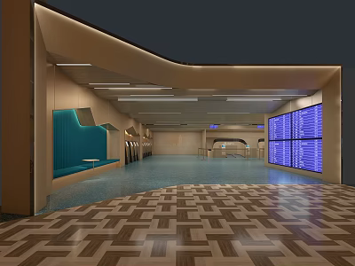 Airport Spacious Terminal Hall With Modern Blue Seating Information Screens And Geometric Flooring 3d model