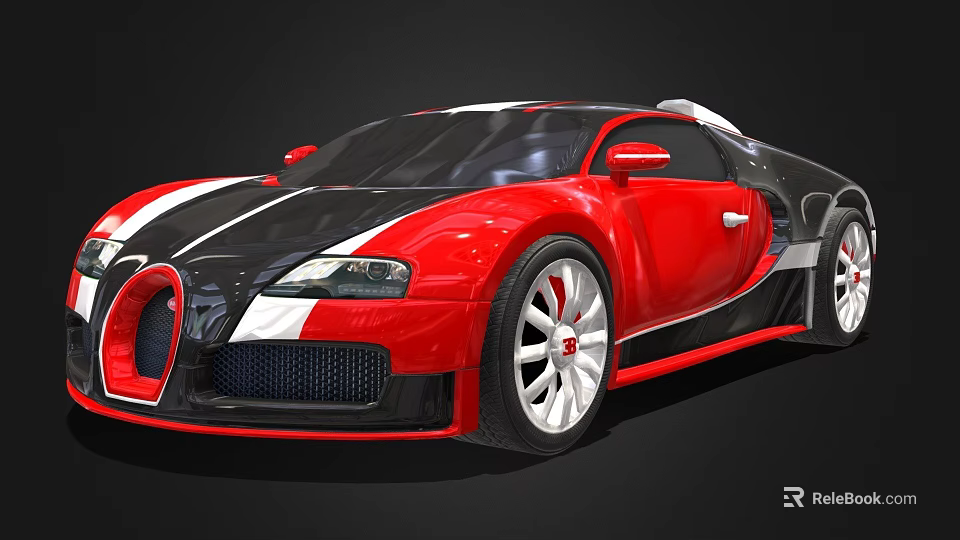 Red Bugatti Sports Car With Black White Stripes And Sleek Exterior Design 3d model 