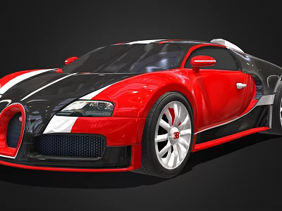 Red Bugatti Sports Car With Black White Stripes And Sleek Exterior Design 3d model