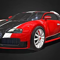 Red Bugatti Sports Car With Black White Stripes And Sleek Exterior Design