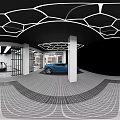 Modern Garage Interior With Geometric Ceiling Lights Metal Gate Partitions And Sports Cars