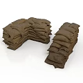 Brown Burlap Sandbags Stacked And Piled For Flood Control Applications